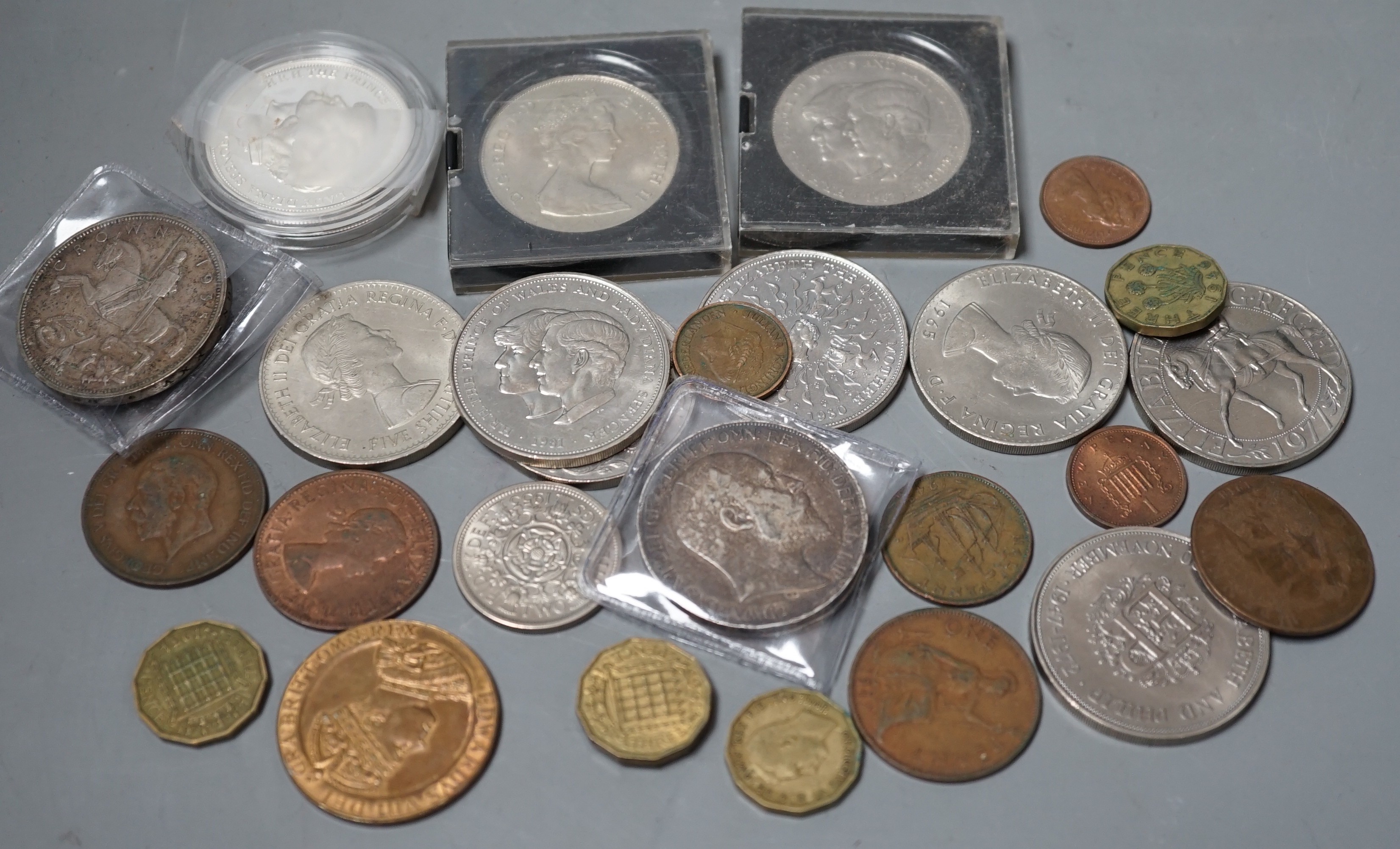 A 1902 silver crown, VF, 1889 half crown, a proof silver Prince of Wales & Lady Diana crown and other UK coins